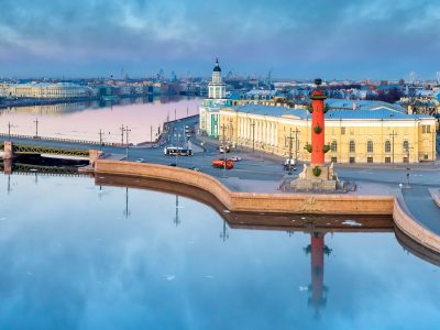 Saint-Petersburg. Russia. Arrow of Vasilevsky view. Embankment of Vasilievsky island in summer. The River Neva. The Palace bridge of St. Petersburg. Cities of Russia. Travel to St. Petersburg.